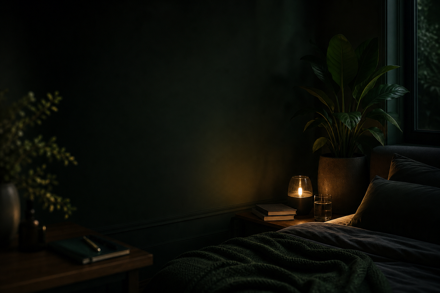 ambiente noturno sereno com quarto acolhedor, luz baixa e clima de descanso sem texto