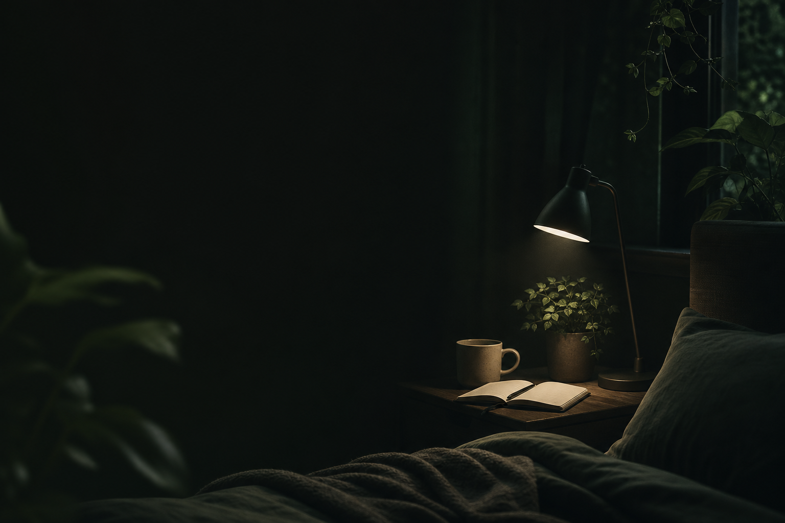 cena noturna calma com iluminação baixa e atmosfera de descanso sem texto